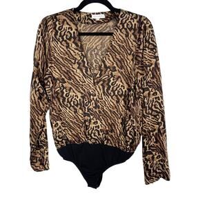 Good American Size 2 Medium Animal Print Satin Wrap Bodysuit Long Sleeves VNeck